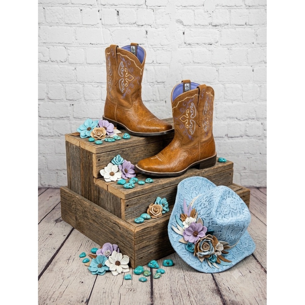 Ariat Fatbaby Cowgirl Boots Floral Embossed Leather Brown Purple festival 8B